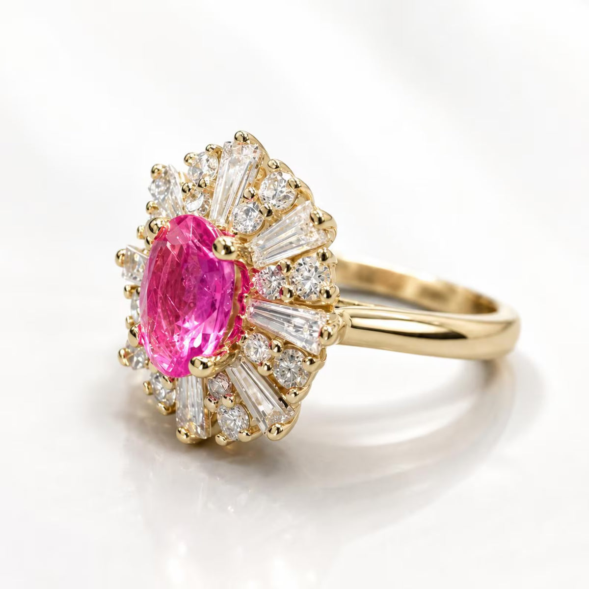 Natural Pink Sapphire Ring, Pink Sapphire Engagement Ring, Natural Diamond Halo Ring, Unique Vintage Cocktail Ring, 14K Yellow Gold #8973
