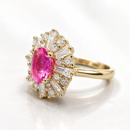 Natural Pink Sapphire Ring, Pink Sapphire Engagement Ring, Natural Diamond Halo Ring, Unique Vintage Cocktail Ring, 14K Yellow Gold #8973