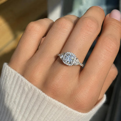 Moissanite Engagement Ring White GolD Three Stone Cushion Cut Moissanite Engagement Ring Unique Halo Wedding Anniversary Promise Rings #5272