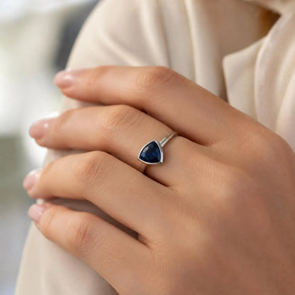 1.00ctw trillion Cut Blue Sapphire Ring, Bezel Set Sapphire Ring, White Gold Solitaire Ring, Minimalist Gemstone Ring,  Gift for Her #8958
