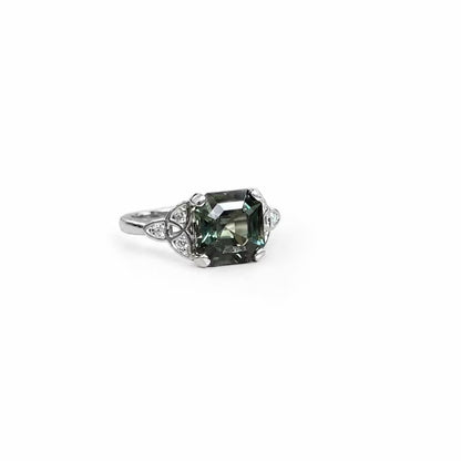 Asscher Cut Olive Green Sapphire Engagement Ring 14K White Gold Unique Olive Green Sapphire Promise Wedding Anniversary Ring For Ladies