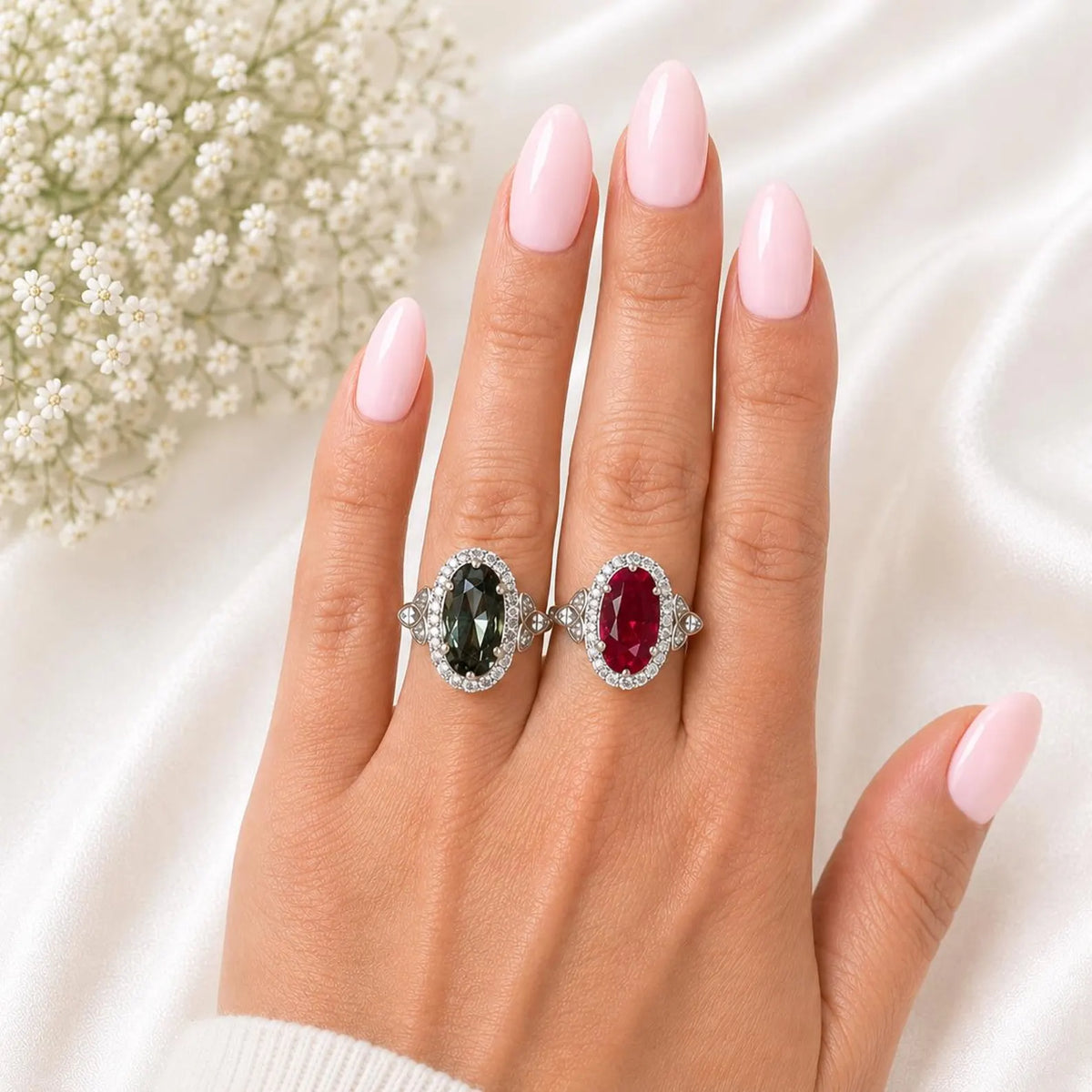 Olive Green sapphire or Ruby Elongated  Rose Cut 14k Solid Gold Diamond or Moissanite Accents