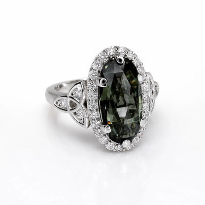 Olive Green sapphire or Ruby Elongated  Rose Cut 14k Solid Gold Diamond or Moissanite Accents