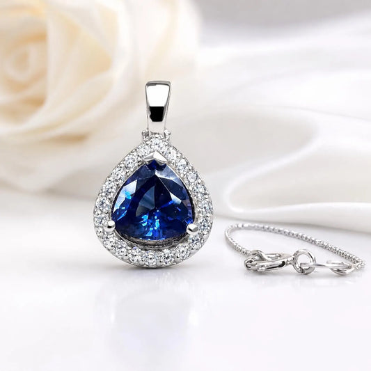 Trillion Blue Sapphire Pendant Necklace White Gold  Sapphire and Moissanite Halo Pendant Unique Wedding Anniversary Bridal Necklace    #7422
