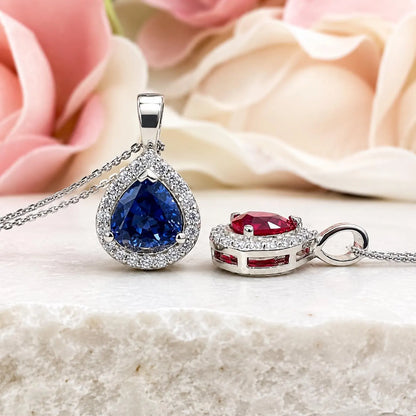 Trillion Blue Sapphire Pendant Necklace White Gold  Sapphire and Moissanite Halo Pendant Unique Wedding Anniversary Bridal Necklace    #7422
