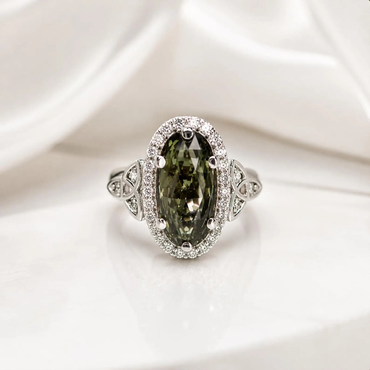Olive Green sapphire or Ruby Elongated  Rose Cut 14k Solid Gold Diamond or Moissanite Accents