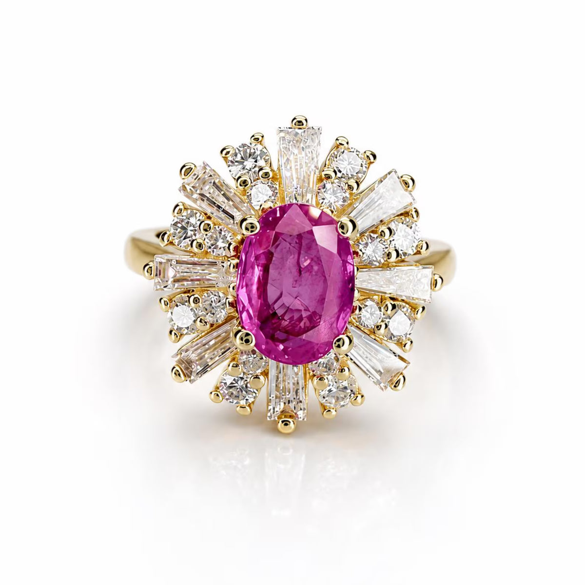 Natural Pink Sapphire Ring, Pink Sapphire Engagement Ring, Natural Diamond Halo Ring, Unique Vintage Cocktail Ring, 14K Yellow Gold #8973