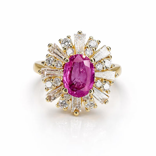 Natural Pink Sapphire Ring, Pink Sapphire Engagement Ring, Natural Diamond Halo Ring, Unique Vintage Cocktail Ring, 14K Yellow Gold #8973