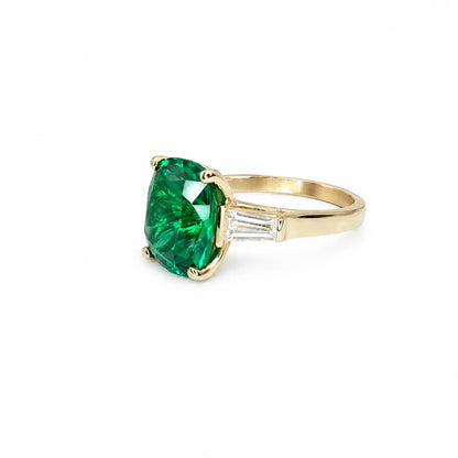 Emerald green cushion cut engagement ring, yellow gold unique elongate green emerald ring, three stone ring emerald and baguette ring  #6727