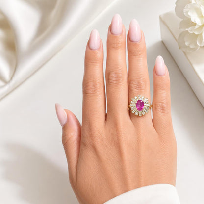 Natural Pink Sapphire Ring, Pink Sapphire Engagement Ring, Natural Diamond Halo Ring, Unique Vintage Cocktail Ring, 14K Yellow Gold #8973