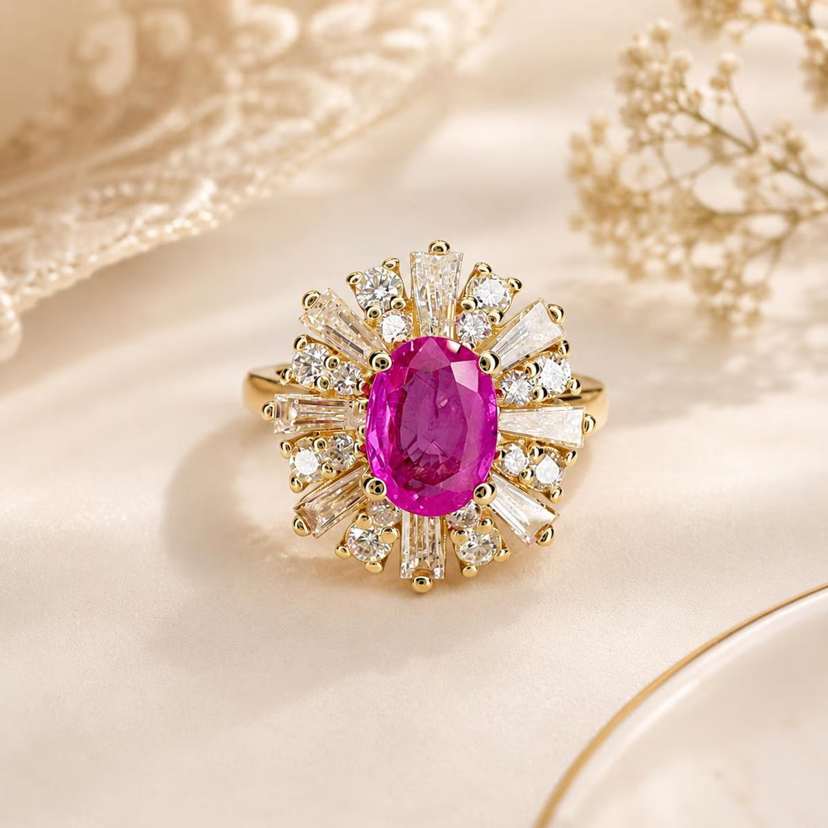 Natural Pink Sapphire Ring, Pink Sapphire Engagement Ring, Natural Diamond Halo Ring, Unique Vintage Cocktail Ring, 14K Yellow Gold #8973