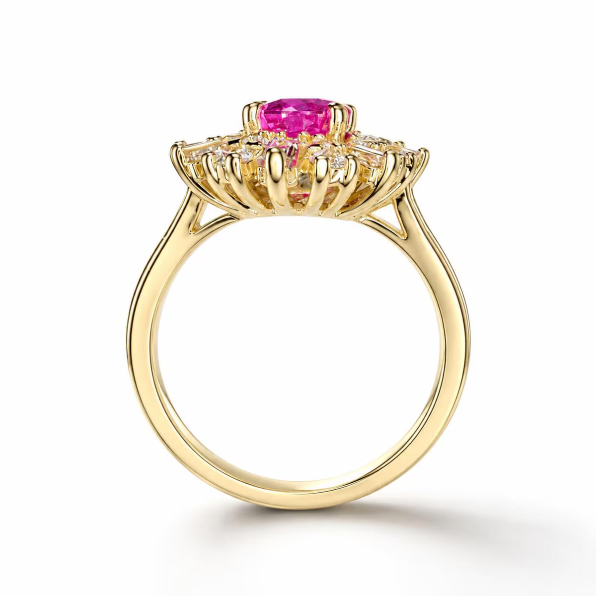 Natural Pink Sapphire Ring, Pink Sapphire Engagement Ring, Natural Diamond Halo Ring, Unique Vintage Cocktail Ring, 14K Yellow Gold #8973