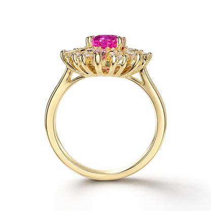 Natural Pink Sapphire Ring, Pink Sapphire Engagement Ring, Natural Diamond Halo Ring, Unique Vintage Cocktail Ring, 14K Yellow Gold #8973