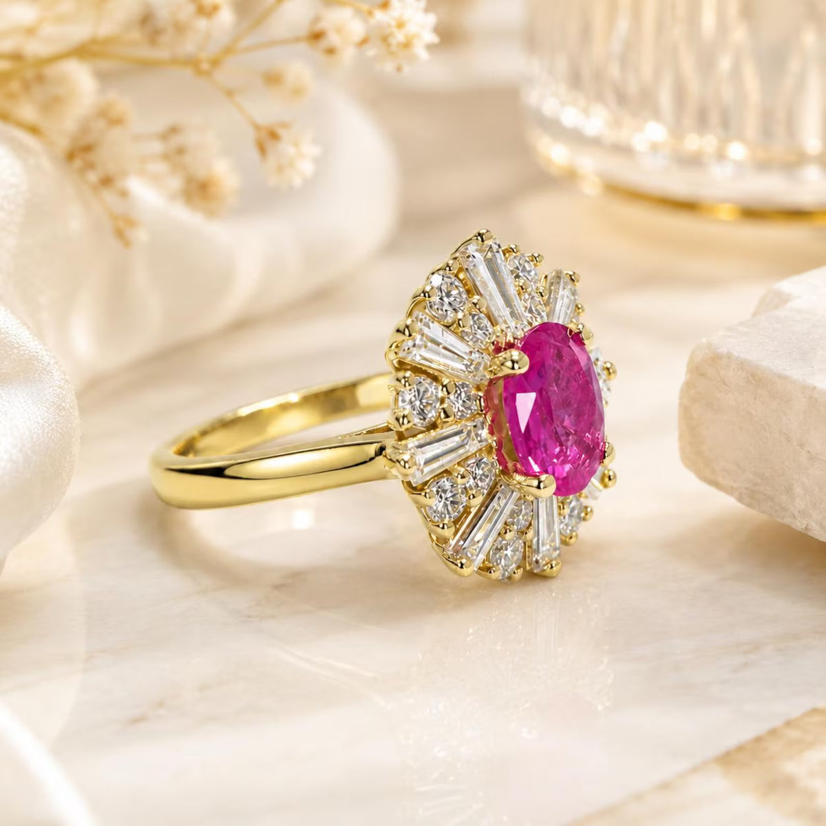 Natural Pink Sapphire Ring, Pink Sapphire Engagement Ring, Natural Diamond Halo Ring, Unique Vintage Cocktail Ring, 14K Yellow Gold #8973