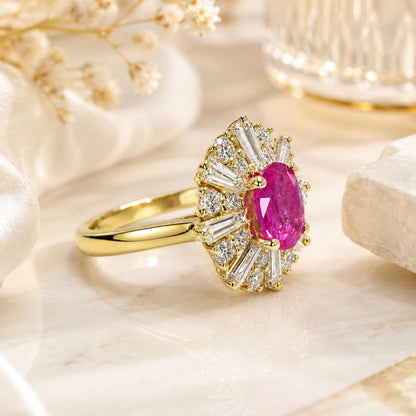 Natural Pink Sapphire Ring, Pink Sapphire Engagement Ring, Natural Diamond Halo Ring, Unique Vintage Cocktail Ring, 14K Yellow Gold #8973