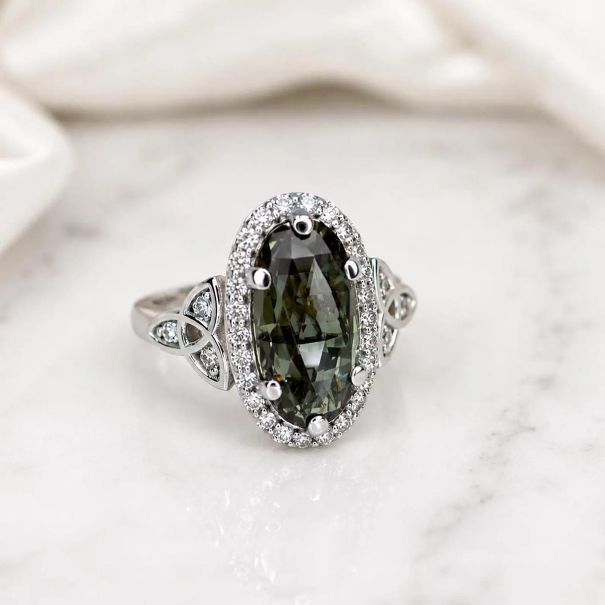 Olive Green sapphire or Ruby Elongated  Rose Cut 14k Solid Gold Diamond or Moissanite Accents