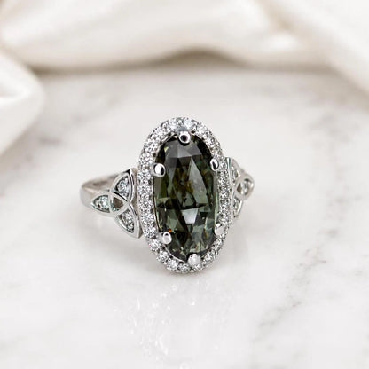 Olive Green sapphire or Ruby Elongated  Rose Cut 14k Solid Gold Diamond or Moissanite Accents