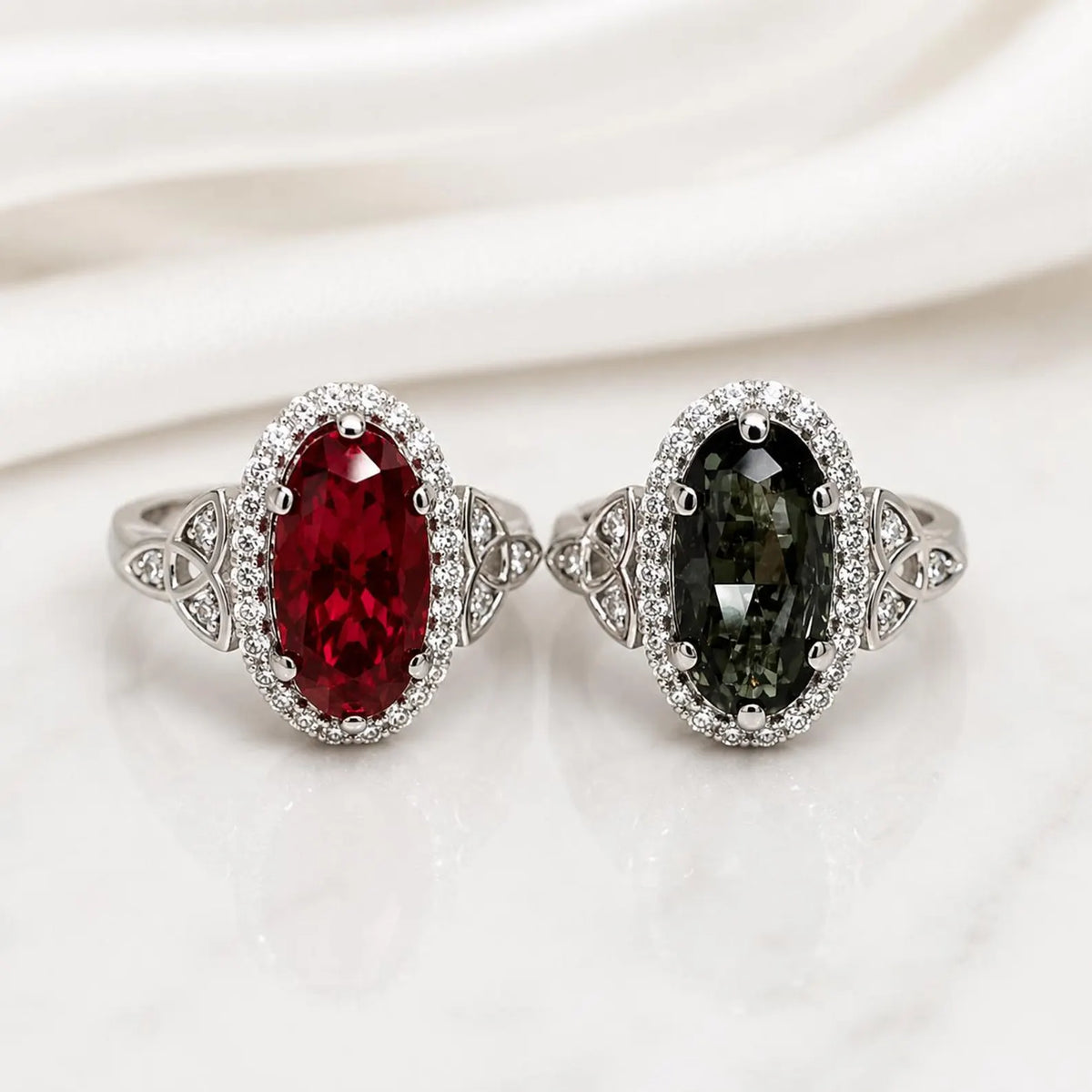 Olive Green sapphire or Ruby Elongated  Rose Cut 14k Solid Gold Diamond or Moissanite Accents