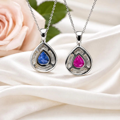 Trillion Blue Sapphire Pendant Necklace White Gold  Sapphire and Moissanite Halo Pendant Unique Wedding Anniversary Bridal Necklace    #7422