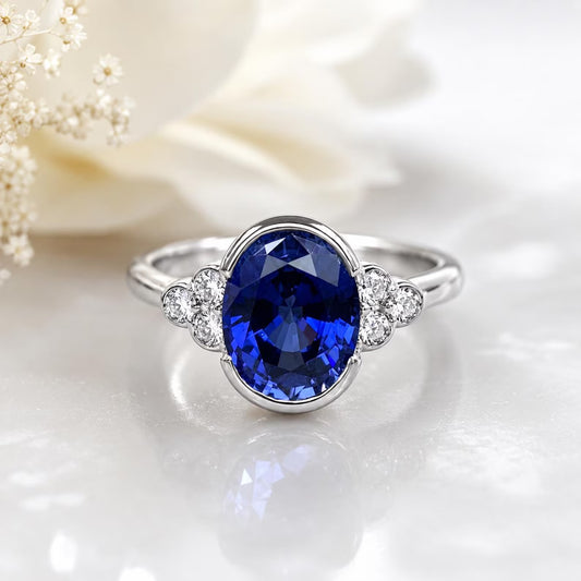 Bezel set blue sapphire engagement ring 14k solid gold Unique oval blue sapphire wedding promise anniversary ring September birthstone