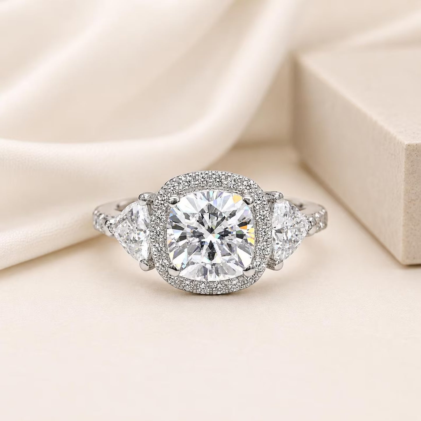 Moissanite Engagement Ring White GolD Three Stone Cushion Cut Moissanite Engagement Ring Unique Halo Wedding Anniversary Promise Rings #5272