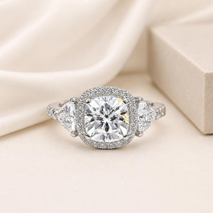 Moissanite Engagement Ring White GolD Three Stone Cushion Cut Moissanite Engagement Ring Unique Halo Wedding Anniversary Promise Rings #5272