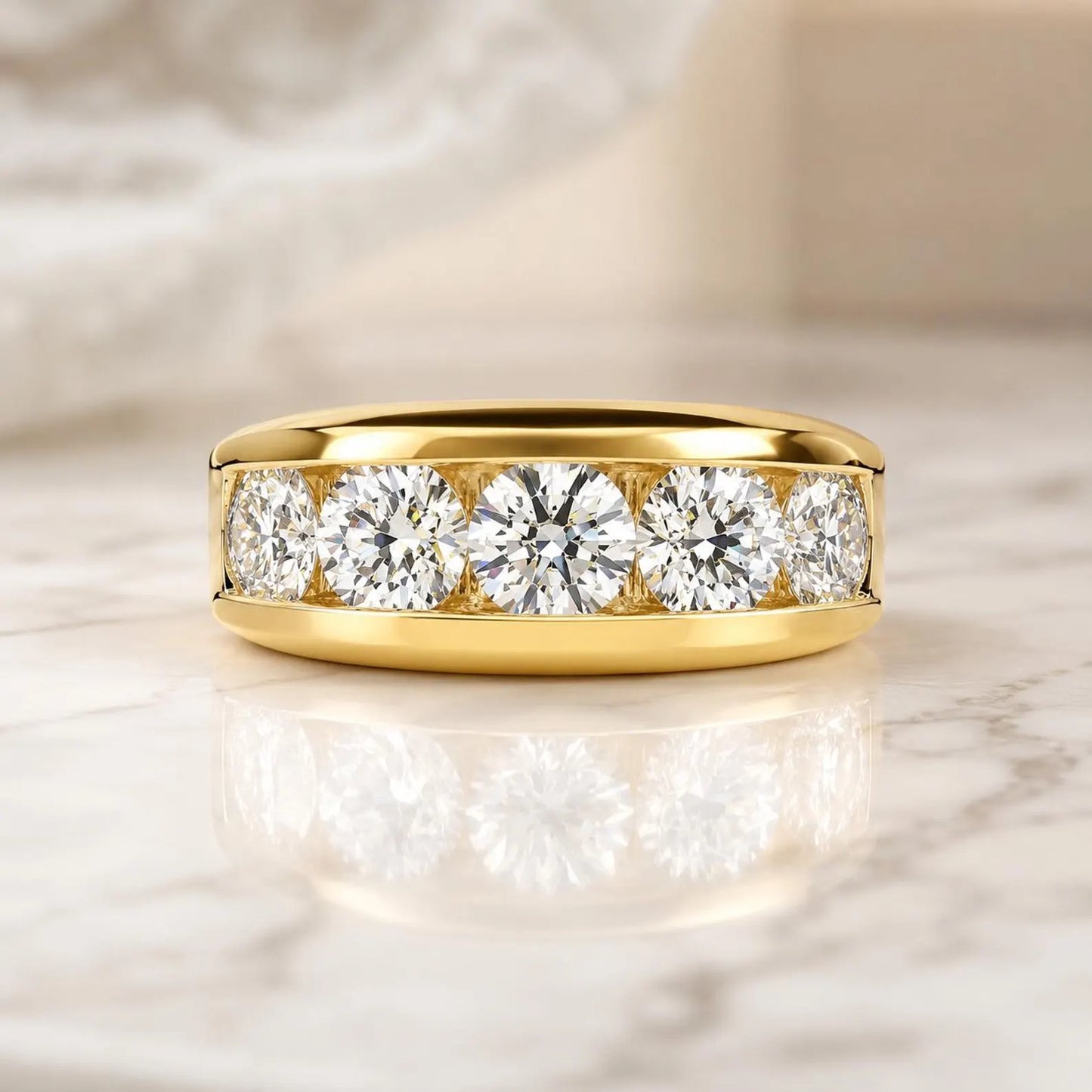 Mens Lab Grown Diamond Ring | 14K Solid Gold 5 Stone Lab Created Mens Diamond Ring | Thick Band Mens Diamond Engagement Ring | #8244