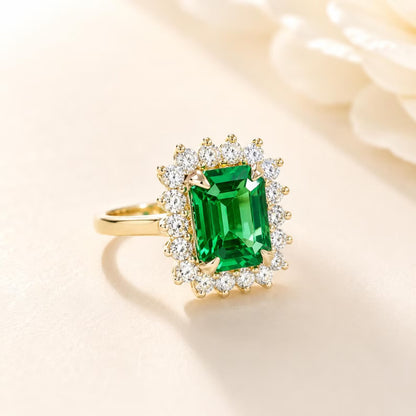 Emerald Cut Emerald Engagement Ring, Moissanite Halo, May Birthstone #8804