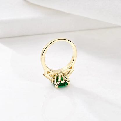 Emerald green cushion cut engagement ring, yellow gold unique elongate green emerald ring, three stone ring emerald and baguette ring  #6727