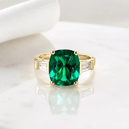 Emerald green cushion cut engagement ring, yellow gold unique elongate green emerald ring, three stone ring emerald and baguette ring  #6727