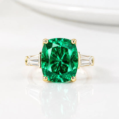Emerald green cushion cut engagement ring, yellow gold unique elongate green emerald ring, three stone ring emerald and baguette ring  #6727