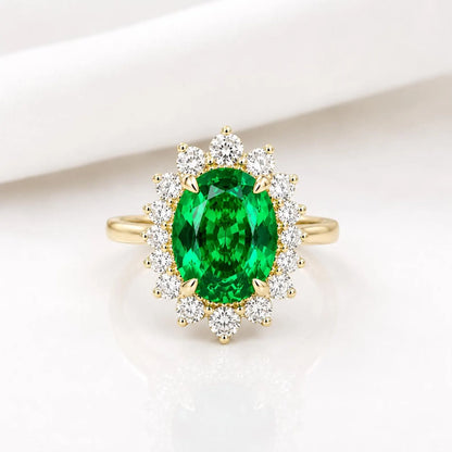 Emerald Engagement Ring With Champagne Color Diamonds Set In A Halo Design In 14K Yellow Gold 6604