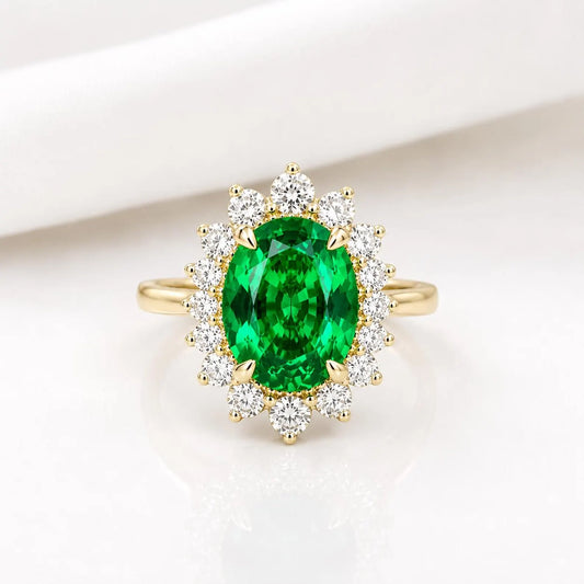 Emerald Engagement Ring With Champagne Color Diamonds Set In A Halo Design In 14K Yellow Gold 6604