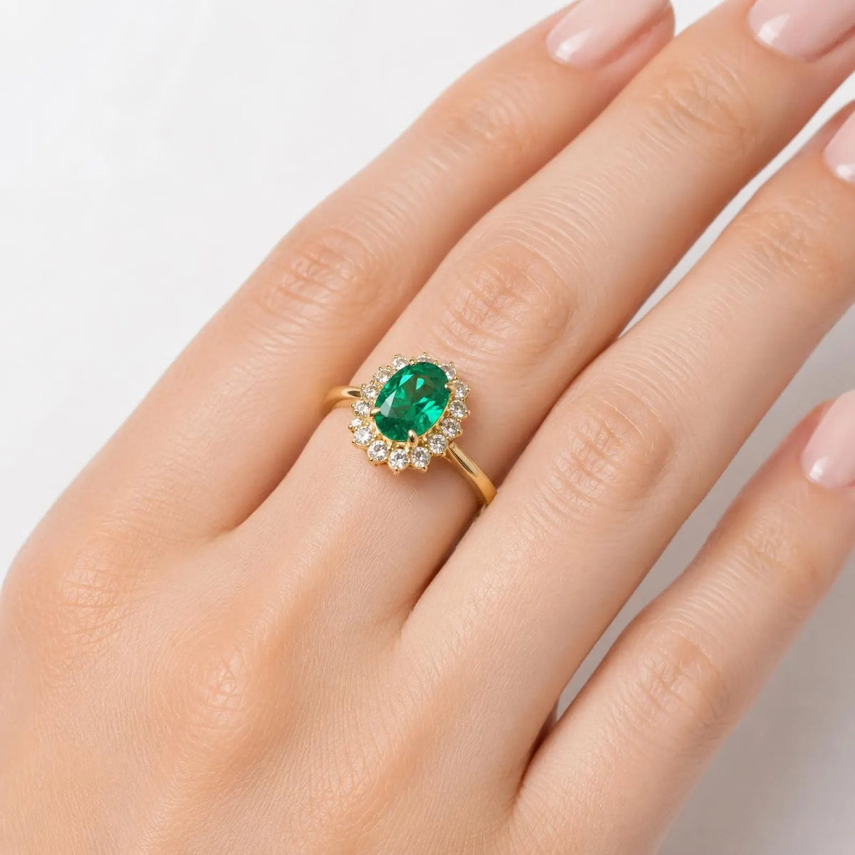 Emerald Engagement Ring With Champagne Color Diamonds Set In A Halo Design In 14K Yellow Gold 6604