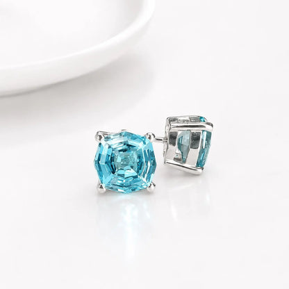 Blue Stone Stud Earrings, Web Cut Stud Earrings,  Neon Blue Paraiba Earrings, Octagon Earrings, 14k White Gold Studs