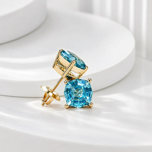Blue Stone Stud Earrings, Web Cut Stud Earrings,  Neon Blue Paraiba Earrings, Octagon Earrings, 14k White Gold Studs