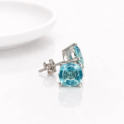 Blue Stone Stud Earrings, Web Cut Stud Earrings,  Neon Blue Paraiba Earrings, Octagon Earrings, 14k White Gold Studs