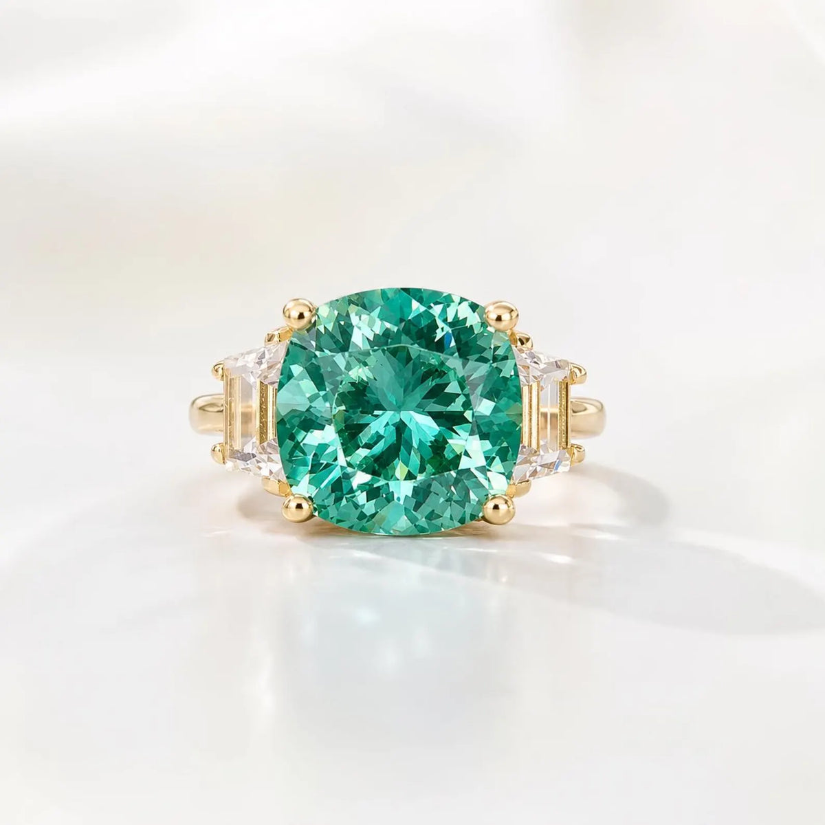 Paraiba Tourmaline Ring, Moissanite Trapezoid Engagement Ring, 14K Gold, Paraiba Tourmaline, Unique Engagement Ring, Three Stone Ring, #6256