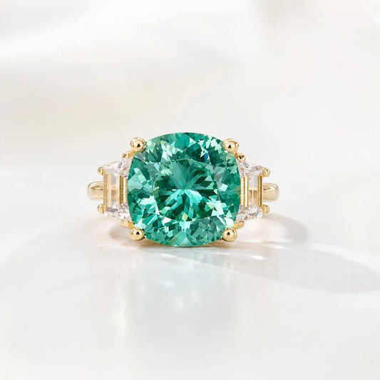 Paraiba Tourmaline Ring, Moissanite Trapezoid Engagement Ring, 14K Gold, Paraiba Tourmaline, Unique Engagement Ring, Three Stone Ring, #6256