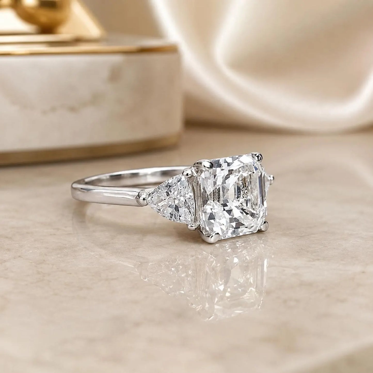 Asscher Cut Moissanite Engagement Ring 14K White Gold Ladies Three Stone Engagement Ring Asscher Shaped Wedding Bridal Promise Ring