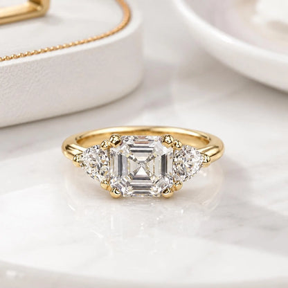 Asscher Cut Moissanite Engagement Ring 14K White Gold Ladies Three Stone Engagement Ring Asscher Shaped Wedding Bridal Promise Ring