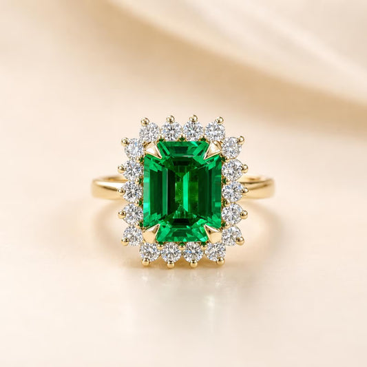 Emerald Cut Emerald Engagement Ring, Moissanite Halo, May Birthstone #8804