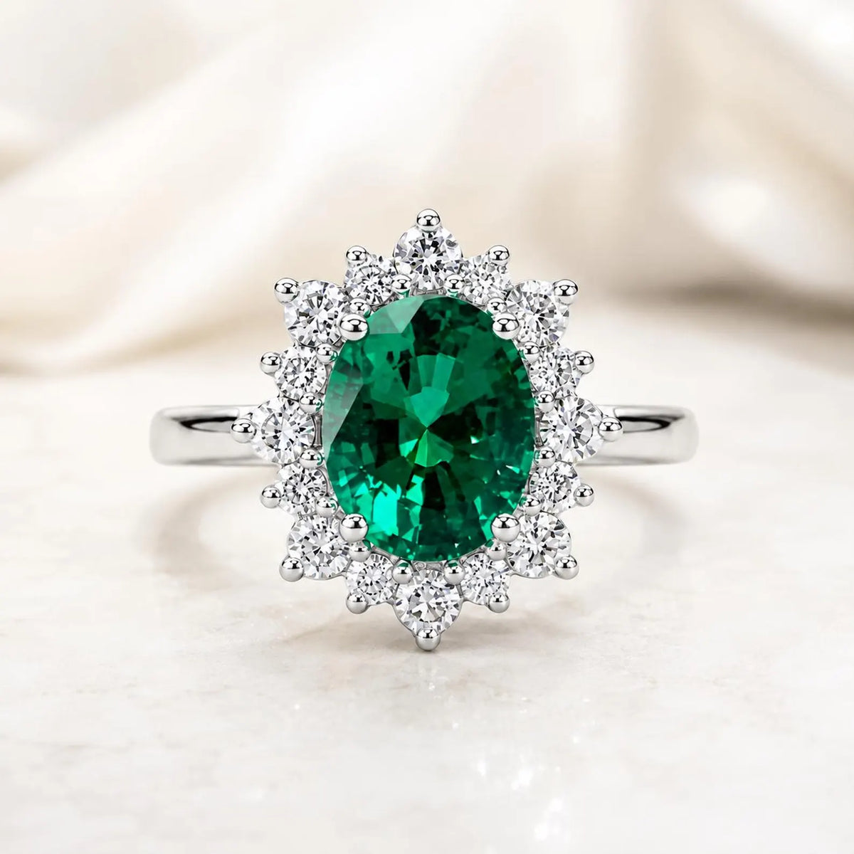 Emerald Halo Ring 14k White Gold, Vintage Emerald Engagement Ring, Oval Halo Ring With Emerald, May Birthstone Ring, Emerald Jewelry  #6719