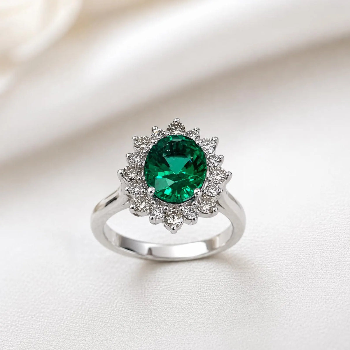 Emerald Halo Ring 14k White Gold, Vintage Emerald Engagement Ring, Oval Halo Ring With Emerald, May Birthstone Ring, Emerald Jewelry  #6719