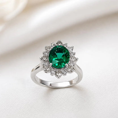 Emerald Halo Ring 14k White Gold, Vintage Emerald Engagement Ring, Oval Halo Ring With Emerald, May Birthstone Ring, Emerald Jewelry  #6719