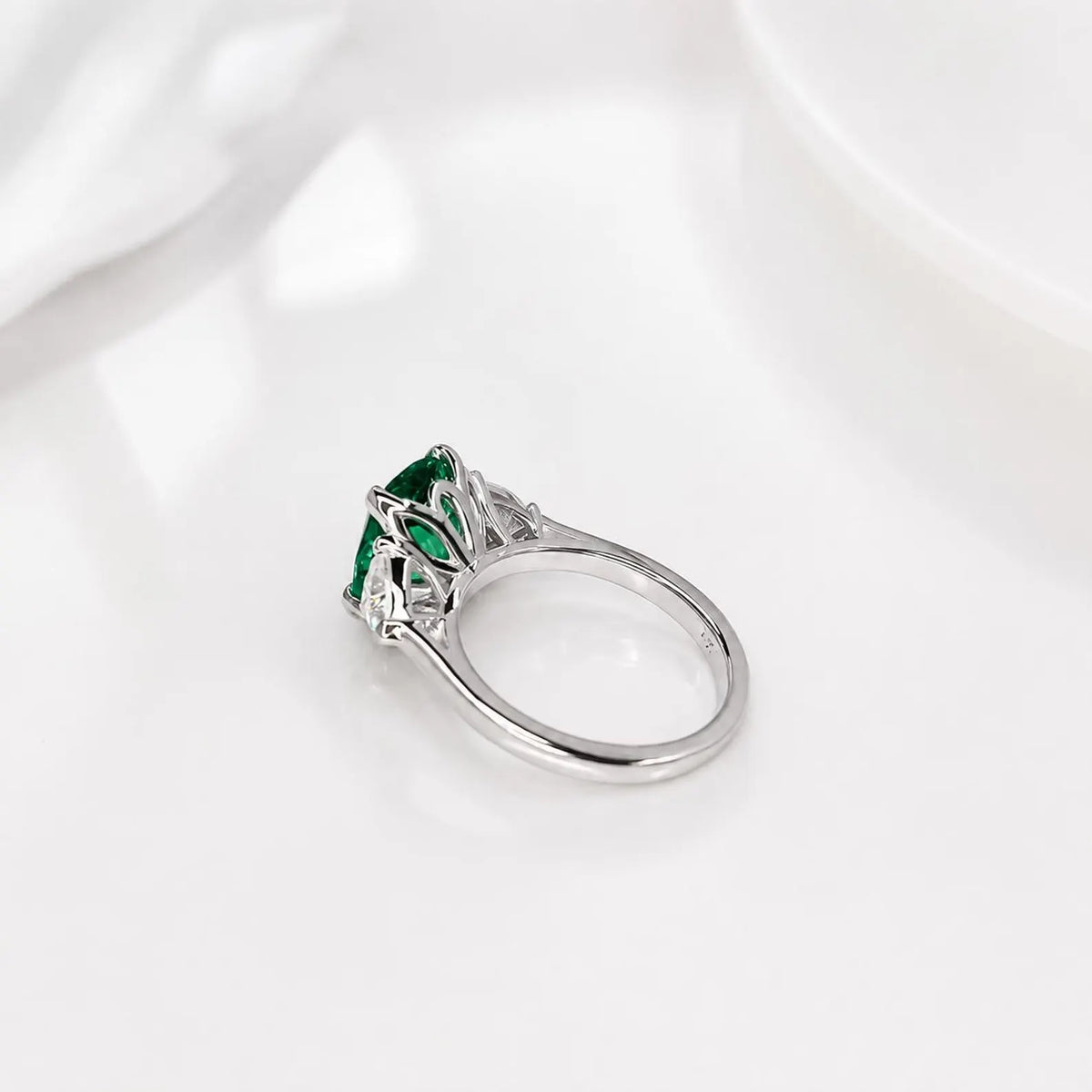 Elongated cushion cut emerald engagement ring with moissanite trillions 14k white gold Unique three stone emerald wedding promise ring #5514