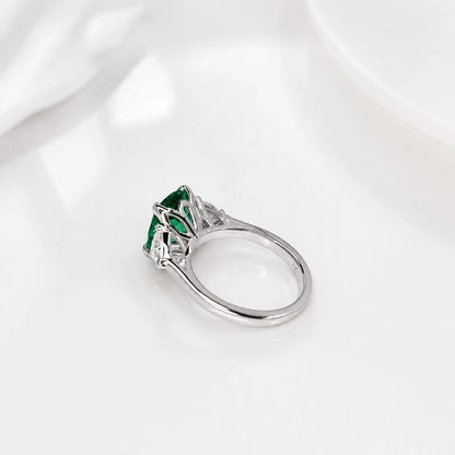 Elongated cushion cut emerald engagement ring with moissanite trillions 14k white gold Unique three stone emerald wedding promise ring #5514