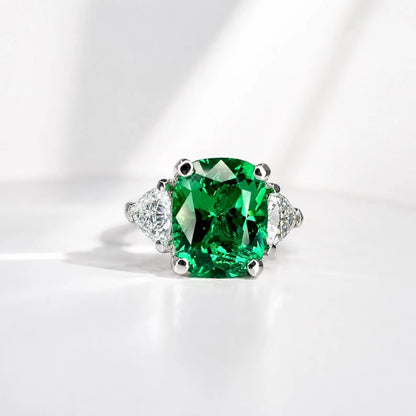 Elongated cushion cut emerald engagement ring with moissanite trillions 14k white gold Unique three stone emerald wedding promise ring #5514