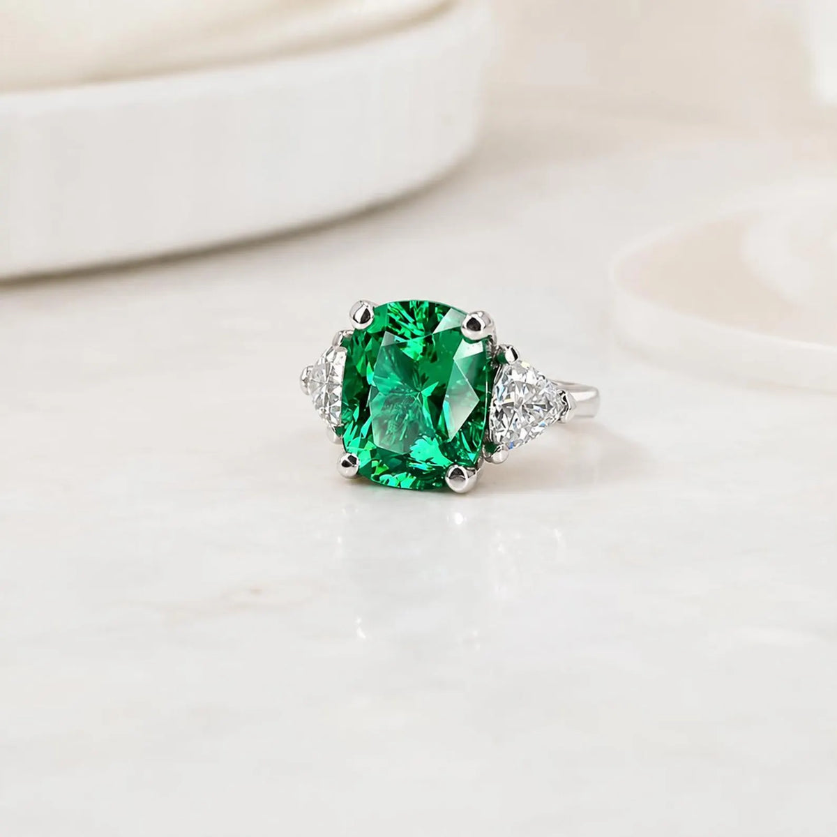 Elongated cushion cut emerald engagement ring with moissanite trillions 14k white gold Unique three stone emerald wedding promise ring #5514