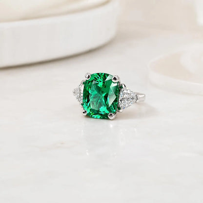 Elongated cushion cut emerald engagement ring with moissanite trillions 14k white gold Unique three stone emerald wedding promise ring #5514